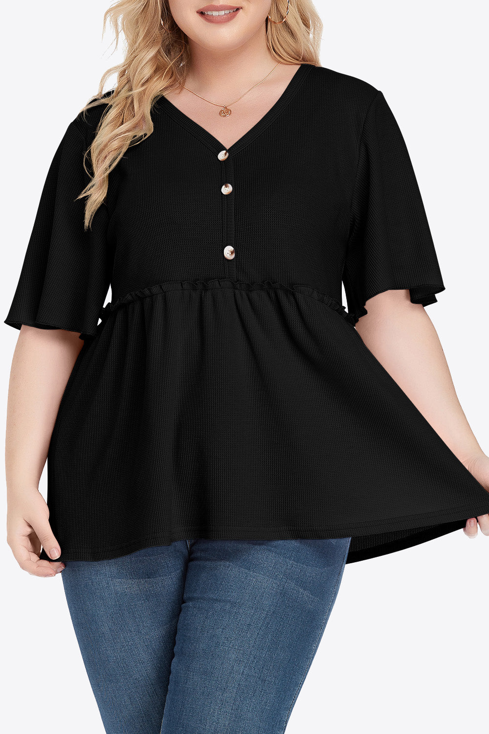 Plus Size Buttoned V-Neck Frill Trim Babydoll Blouse-Teresa&#39;s Fashionista LLC