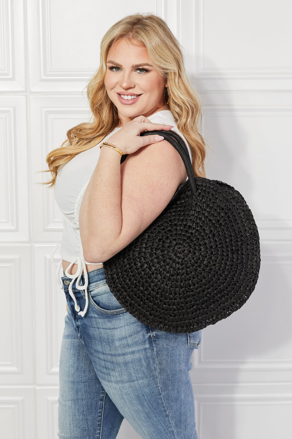 Justin Taylor Beach Date Straw Rattan Handbag in Black-Teresa's Fashionista LLC