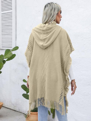 Fringe Trim Buttoned Hooded Poncho-Teresa's Fashionista LLC
