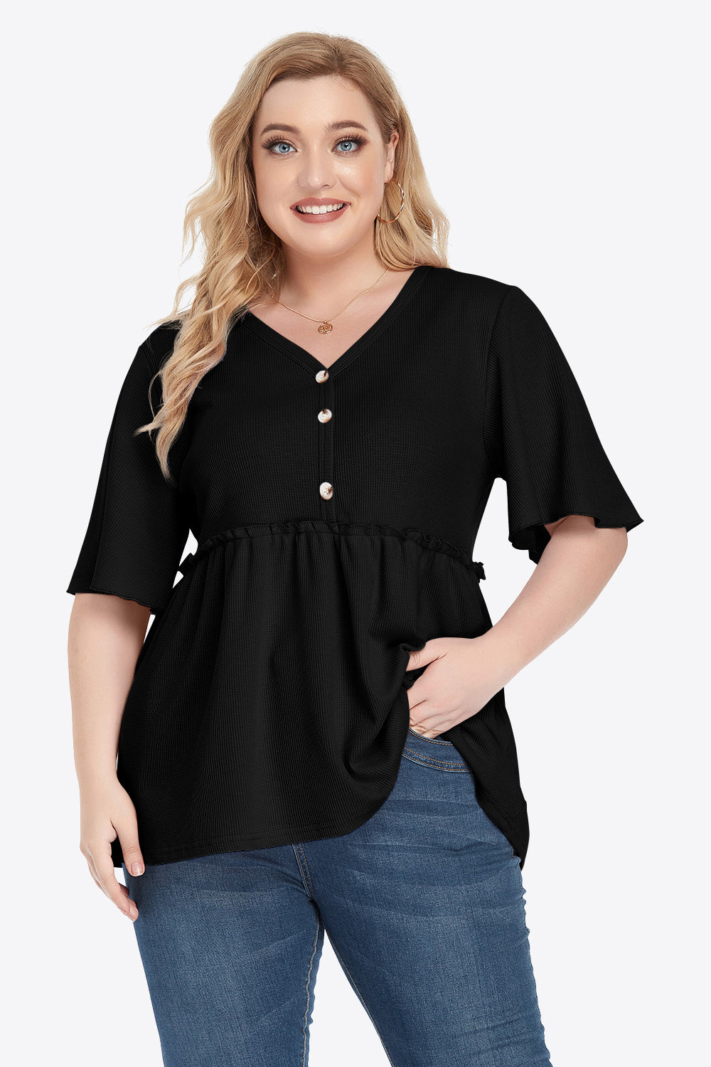Plus Size Buttoned V-Neck Frill Trim Babydoll Blouse-Teresa&#39;s Fashionista LLC