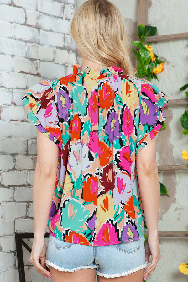 Multicolored Flutter Sleeve Mock Neck Blouse-Teresa's Fashionista LLC