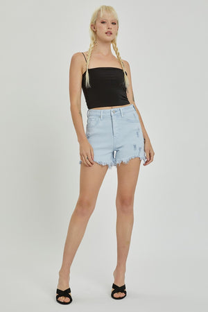 RISEN Full Size High Rise Distressed Detail Denim Shorts-Teresa's Fashionista LLC