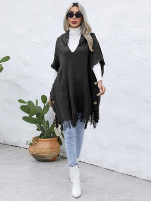 Fringe Trim Buttoned Hooded Poncho-Teresa's Fashionista LLC