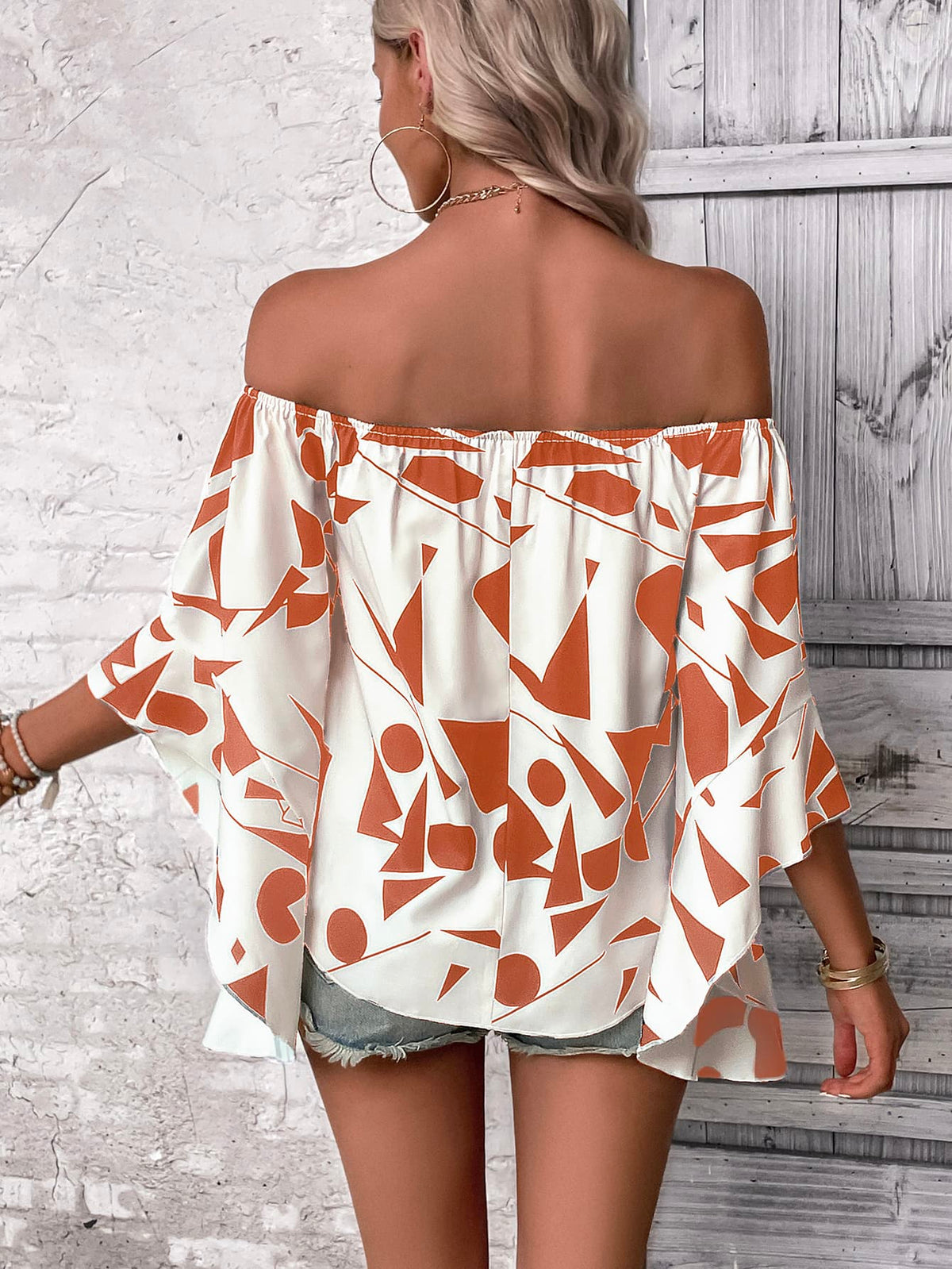 Printed Off-Shoulder Bell Sleeve Blouse-Teresa&#39;s Fashionista LLC