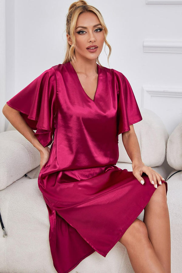Satin Flutter Sleeve Side Slit V-Neck Night Dress-Teresa's Fashionista LLC
