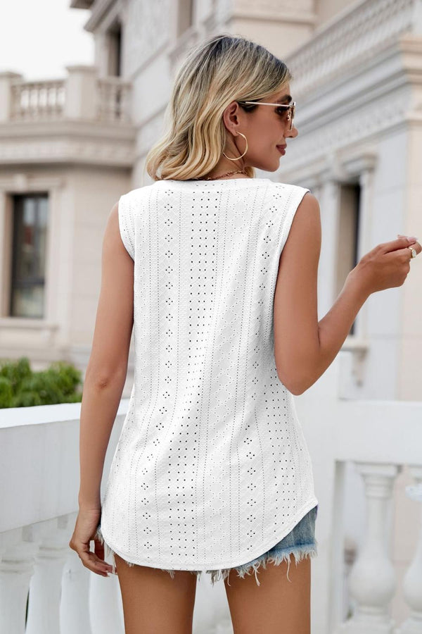 Eyelet V-Neck Tank-Teresa's Fashionista LLC