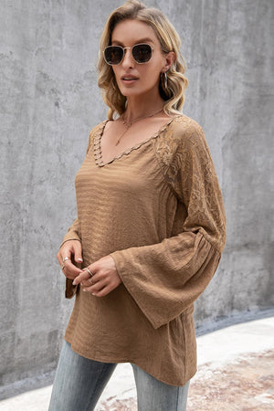 V-Neck Spliced Lace Flare Sleeve Top-Teresa's Fashionista LLC
