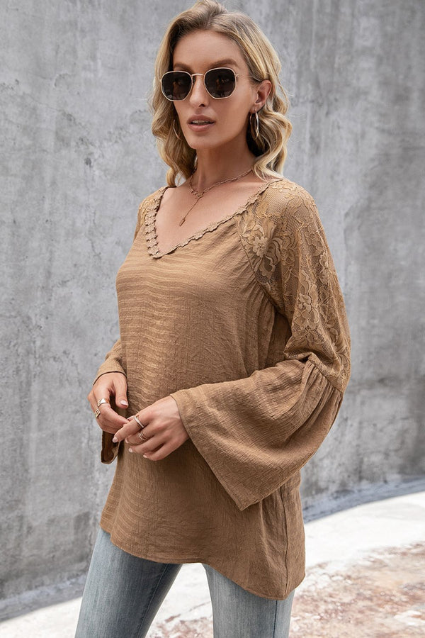 V-Neck Spliced Lace Flare Sleeve Top-Teresa's Fashionista LLC