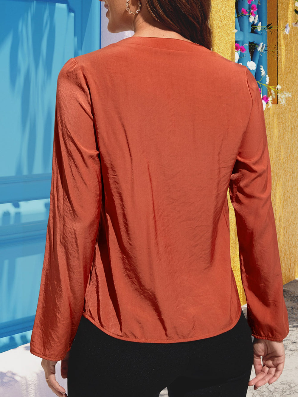 Notched Neck Long Sleeve Top-Teresa's Fashionista LLC