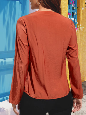 Notched Neck Long Sleeve Top-Teresa's Fashionista LLC