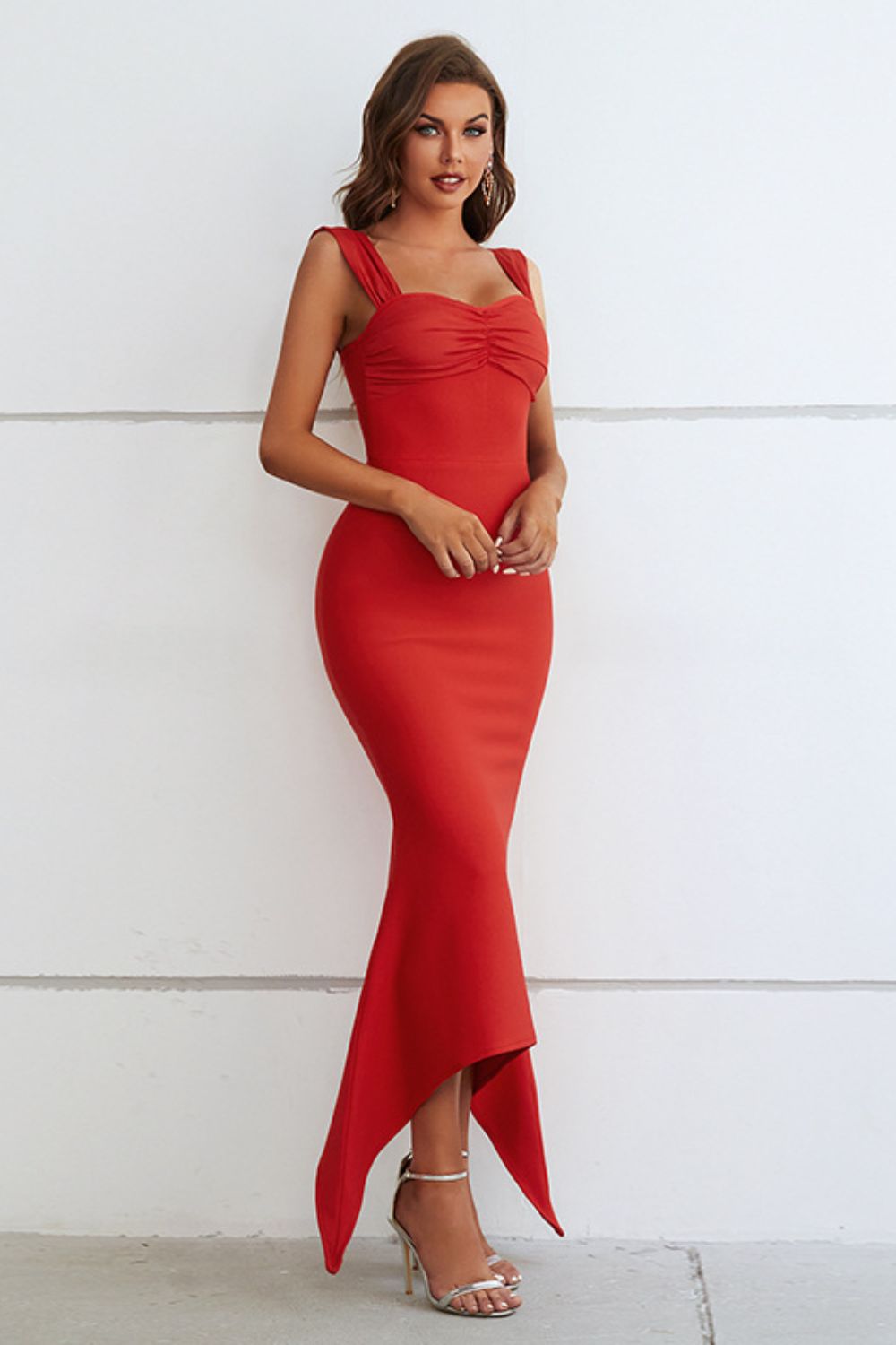 Ruched sweetheart neck hem detail dress, solid color, sleeveless, midi length, classy cocktail style.