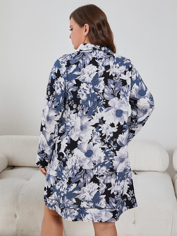 Plus Size Floral Lapel Collar Long Sleeve Night Dress-Teresa's Fashionista LLC