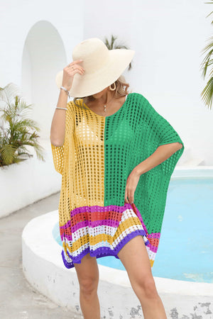 Contrast Scoop Neck Openwork Half Sleeve Cover Up-Teresa's Fashionista LLC