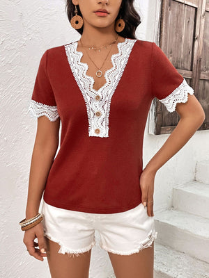 Decorative Button Spliced Lace Short Sleeve Top-Teresa's Fashionista LLC