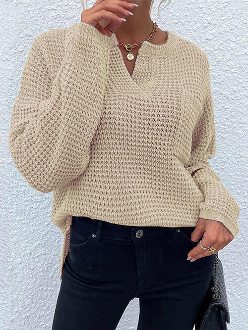Notched Long Sleeve Sweater-Teresa&#39;s Fashionista LLC
