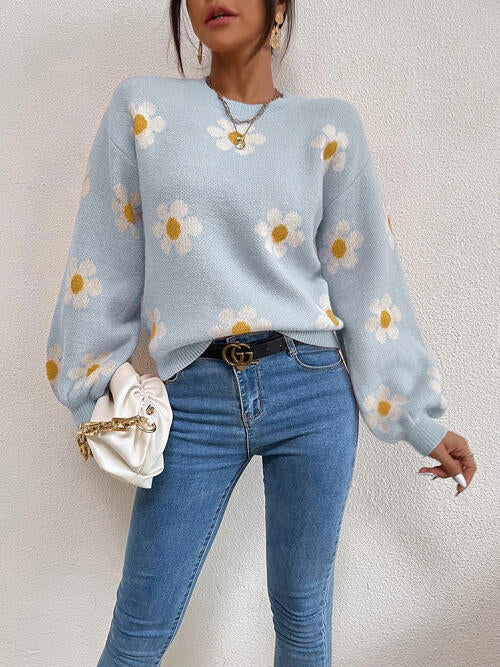 Flower Round Neck Latern Sleeve Sweater-Teresa&#39;s Fashionista LLC