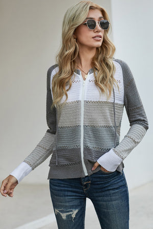 Zip-Up Raglan Sleeve Openwork Hooded Cardigan-Teresa's Fashionista LLC