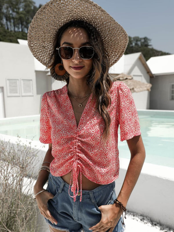 Floral Drawstring Deep V Cropped Blouse-Teresa's Fashionista LLC