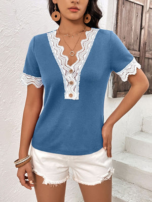 Decorative Button Spliced Lace Short Sleeve Top-Teresa's Fashionista LLC