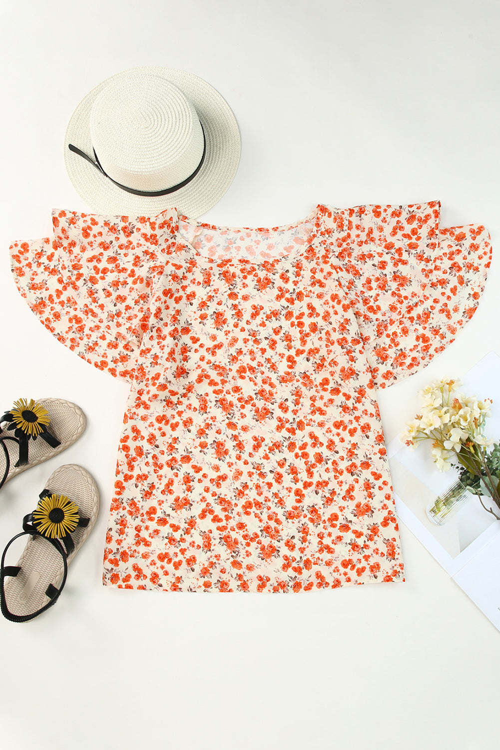 Floral Round Neck Flutter Sleeve Blouse-Teresa&#39;s Fashionista LLC