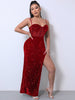 Sequin spliced mesh cami dress with adjustable straps, sweetheart neckline, and chic style in vibrant red.