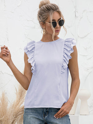Round Neck Tied Open Back Flutter Sleeve Top-Teresa's Fashionista LLC