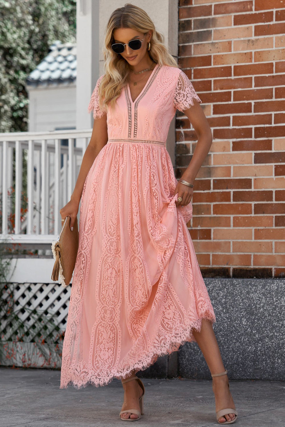 Scalloped Trim Lace Plunge Dress-Teresa's Fashionista LLC