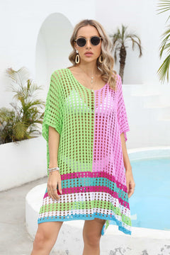 Contrast Scoop Neck Openwork Half Sleeve Cover Up-Teresa's Fashionista LLC