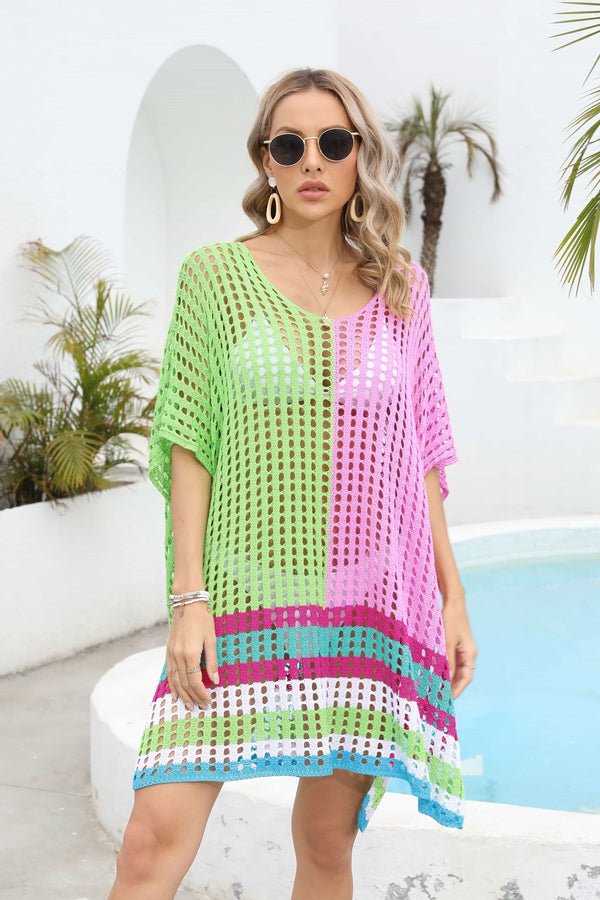 Contrast Scoop Neck Openwork Half Sleeve Cover Up-Teresa's Fashionista LLC