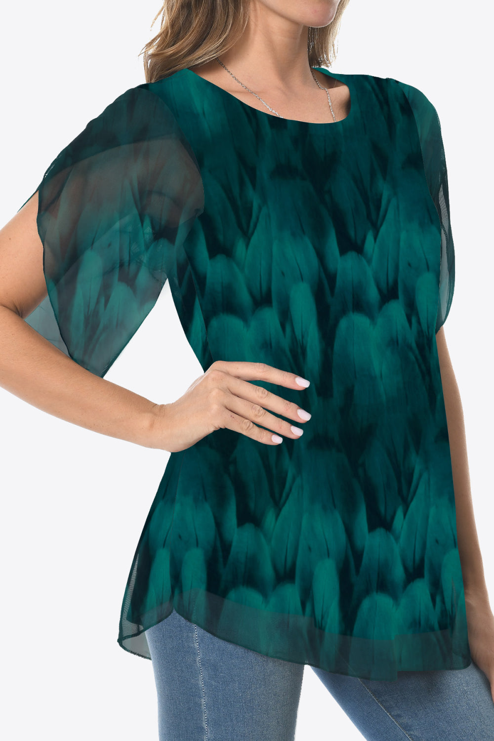 Printed Round Neck Curved Hem Blouse-Teresa&#39;s Fashionista LLC