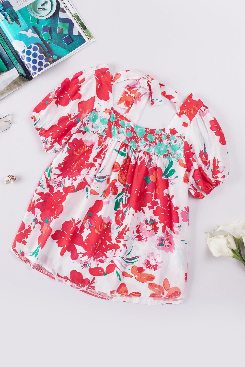 Floral Tie Back Square Neck Blouse-Teresa&#39;s Fashionista LLC
