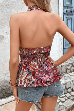 Printed Halter Neck Smocked Peplum Top-Teresa's Fashionista LLC