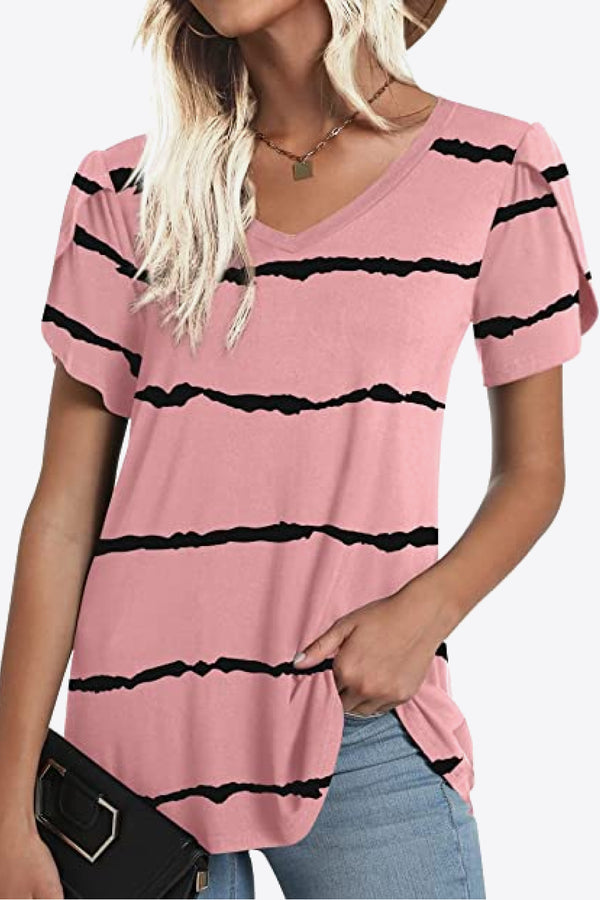 Printed Petal Sleeve V-Neck Blouse-Teresa's Fashionista LLC