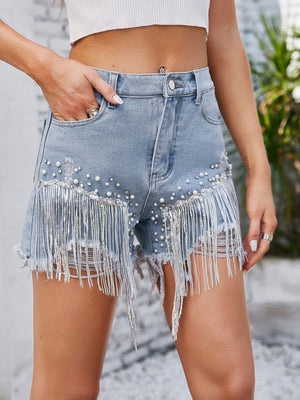 Distressed Pearl Trim Denim Shorts with Pockets-Teresa's Fashionista LLC