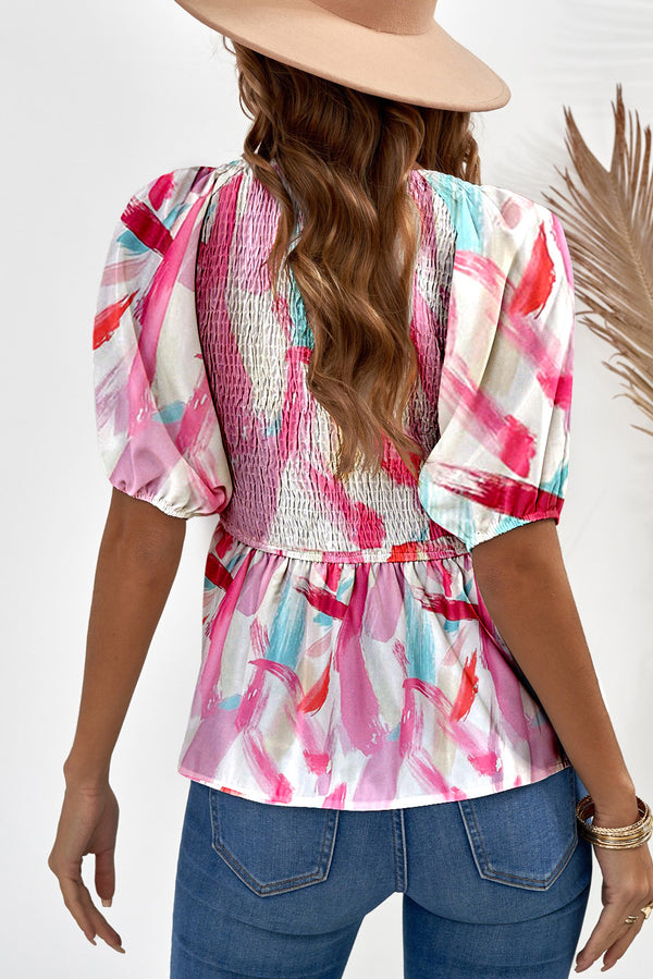 Printed V-Neck Babydoll Blouse-Teresa's Fashionista LLC