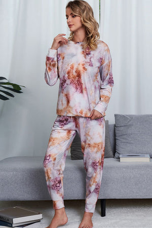 Tie-Dye Crewneck Top and Drawstring Waist Joggers Lounge Set-Teresa's Fashionista LLC