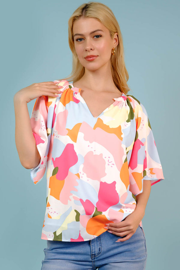 Printed Notched Neck Half Sleeve Blouse-Teresa's Fashionista LLC