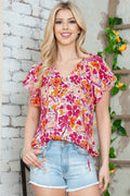 Floral Tie Neck Flutter Sleeve Blouse-Teresa's Fashionista LLC