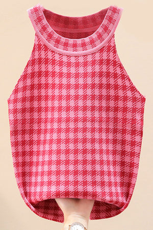 Plaid Round Neck Sleeveless Knit Top-Teresa's Fashionista LLC