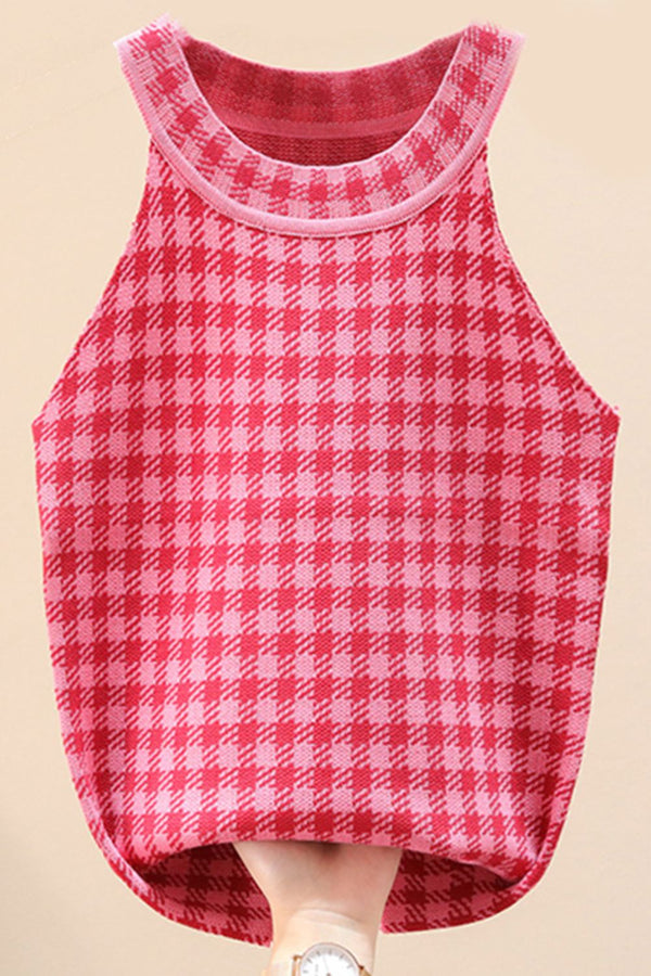Plaid Round Neck Sleeveless Knit Top-Teresa's Fashionista LLC