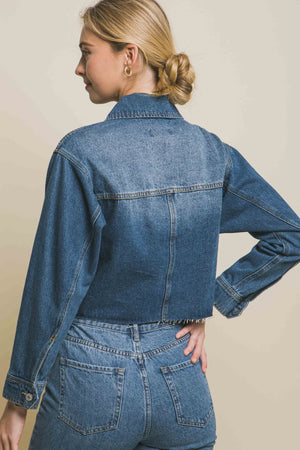 LOVE TREE Raw Hem Button Up Cropped Denim Jacket-Teresa's Fashionista LLC
