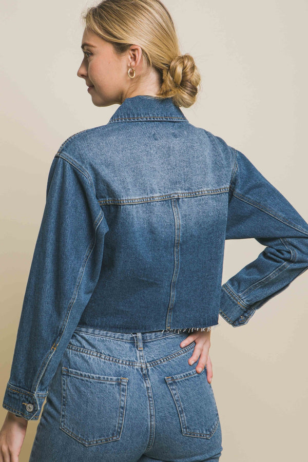 LOVE TREE Raw Hem Button Up Cropped Denim Jacket-Teresa's Fashionista LLC