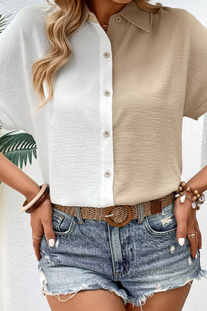 Two-Tone Contrast Short Sleeve Shirt-Teresa's Fashionista LLC