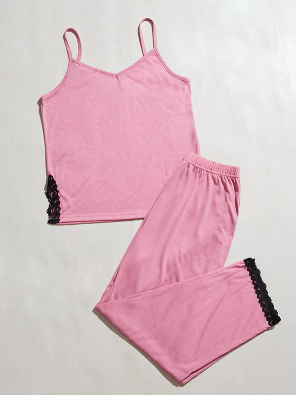 V-Neck Lace Trim Slit Cami and Pants Pajama Set-Teresa's Fashionista LLC