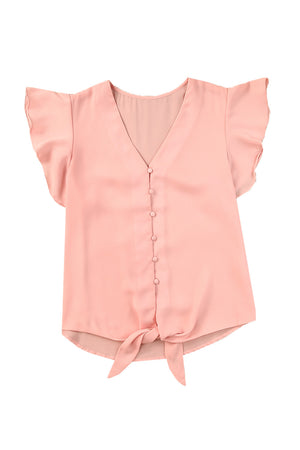 V-Neck Tie Hem Flutter Sleeve Blouse-Teresa's Fashionista LLC