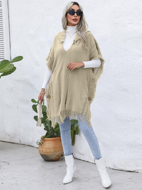 Fringe Trim Buttoned Hooded Poncho-Teresa's Fashionista LLC