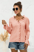 Frill Trim V-Neck Flounce Sleeve Shirt-Teresa's Fashionista LLC