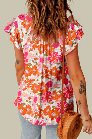 Floral Tie Neck Flutter Sleeve Blouse-Teresa's Fashionista LLC