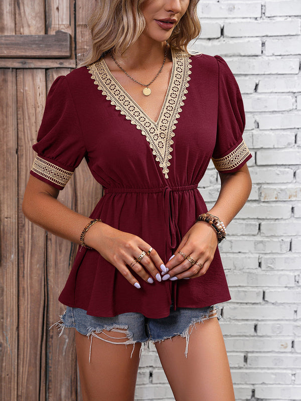 Contrast V-Neck Babydoll Top-Teresa's Fashionista LLC