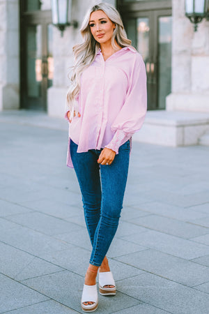 Striped Lantern Sleeve Collared Shirt-Teresa's Fashionista LLC